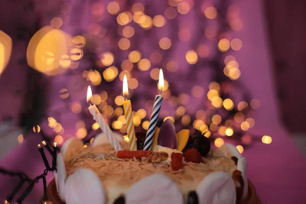 Burning Candle Cake Festive Background — Stock Photo, Image