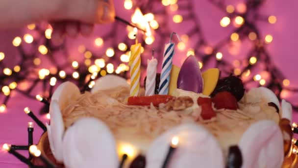Burning Candle Cake Festive Bright Birthday Background — Stock Video