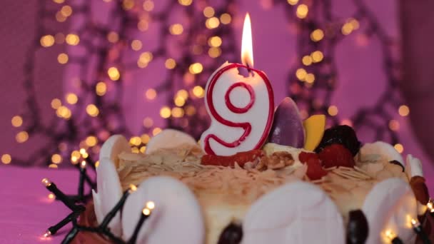 Burning Candle Cake Festive Bright Birthday Backgroundpink — Stock Video