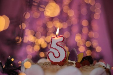 Burning close-up candle in a cake festive bright pink background birthday