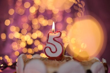 Burning close-up candle in a cake festive bright pink background birthday
