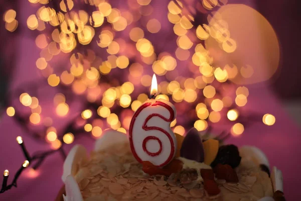 Burning Close Candle Cake Festive Bright Pink Background Birthday — Stock Photo, Image