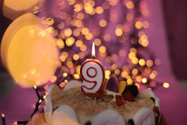 Burning Close Candle Cake Festive Bright Pink Background Birthday — Stock Photo, Image