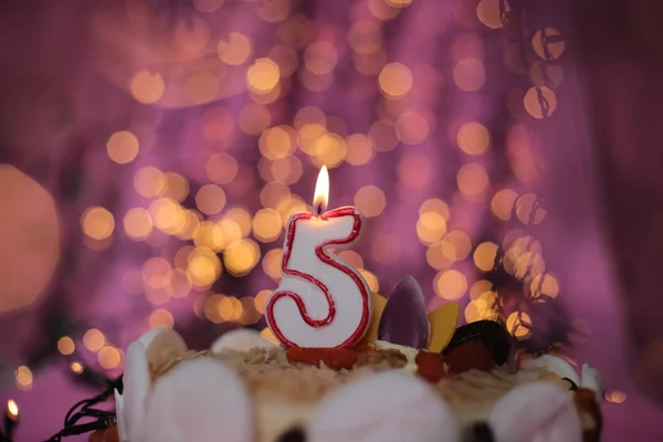 Burning Close Candle Cake Festive Bright Pink Background Birthday — 스톡 사진