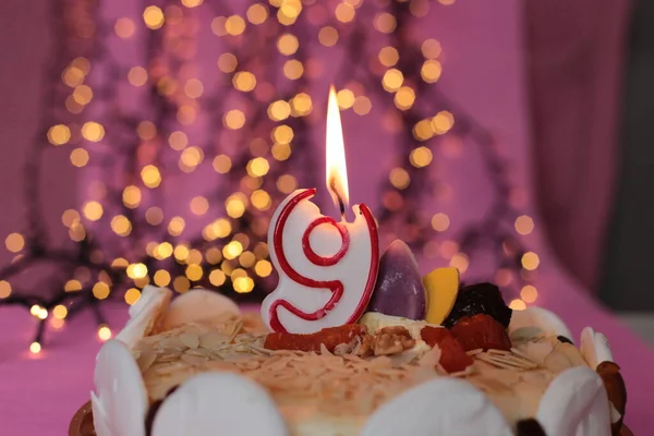 Burning Candle Cake Festive Bright Pink Background Birthday Macro Photo — Stock Photo, Image