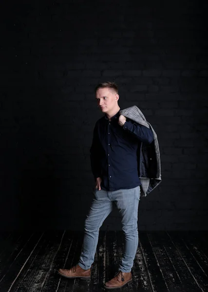 Portrait Emotional Stylish Young Man Jacket Shirt Dark Background — 스톡 사진