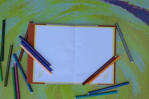 Notebook Para Notas Espaço Livre Notebook Fundo Para Notas Canetas — Fotografia de Stock