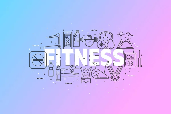 Fitness ve spor. Kontur satırı simgesi bulut ile banner.