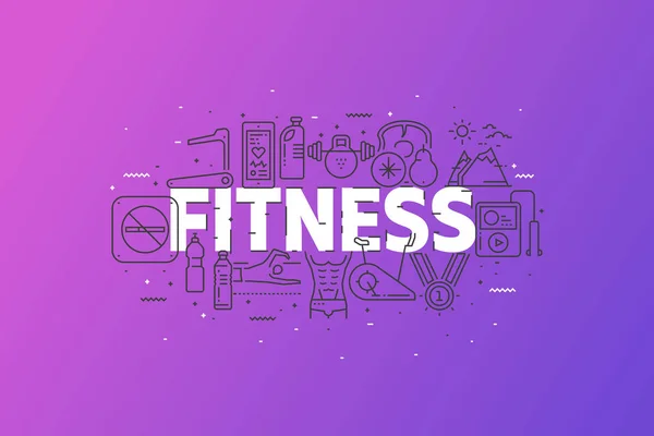Fitness ve spor. Kontur satırı simgesi bulut ile banner.