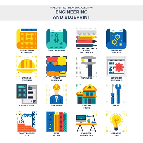 Mühendislik ve Blueprint düz Icon Set.