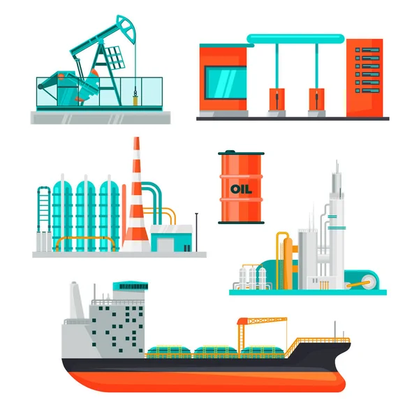 Oil Petrol Industry Flat Set. Drilling And Refining Process — Stock Vector