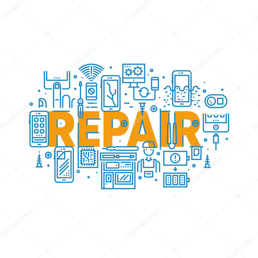 Cell Phone Broken Screen, Water Damage, Signal And Settings Problems, Repair Shop, Tools, Repairman. Vector Logo Pictograms. Mini Concept Illustrations