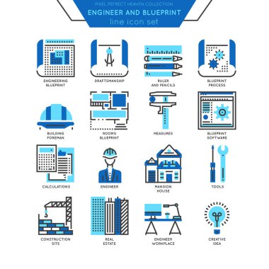 Blueprint ve mühendis satırı simgesi renk kümesi.