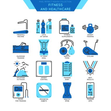 Fitness ve spor. Kontur çizgi renk simgeleri.