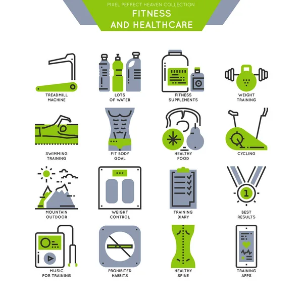 Fitness ve spor. Kontur çizgi renk simgeleri.