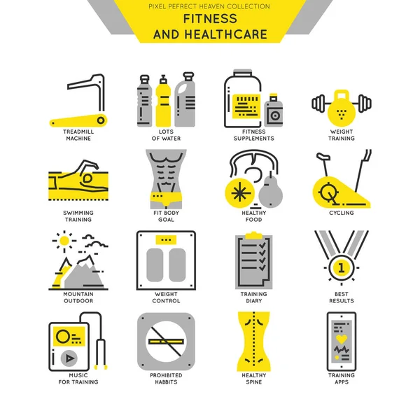 Fitness ve spor. Kontur çizgi renk simgeleri.