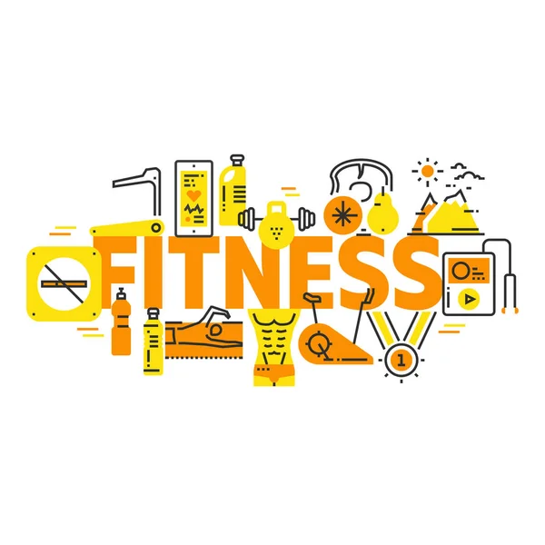 Fitness ve spor. Kontur satırı simgesi bulut ile banner.