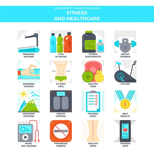 Fitness Spor ve sağlık eğlence düz Icon Set