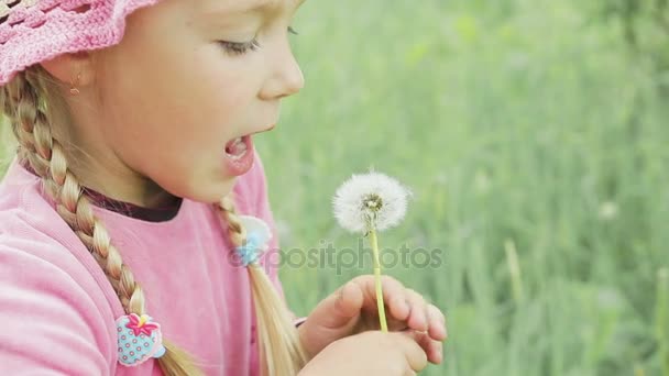 Una bambina soffia via il dente di leone — Video Stock