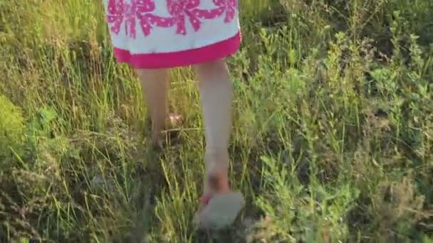 Klein meisje in een witte sundress met rode patronen die dwars over het veld — Stockvideo