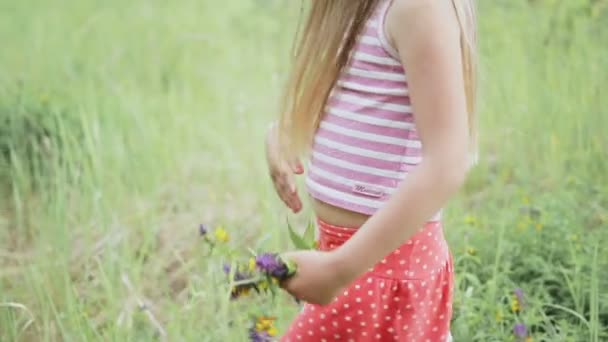 Девочка играет на поляне рядом с лесом — стоковое видео