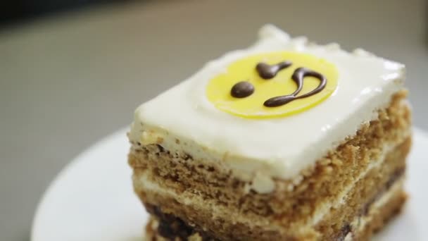 Торт с улыбкой крупным планом — стоковое видео