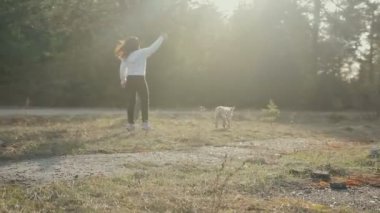 Güzel esmer ile bir altın renkli Labrador bahar ormanda yürür
