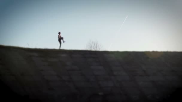 Jonge mooie Sportvrouw is betrokken bij fitness in de natuur. Het meisje voert oefeningen buiten de stad. Steadicam schot — Stockvideo