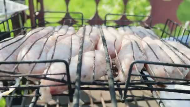 Гриль с домашней колбасой укладывается на гриль с углями — стоковое видео