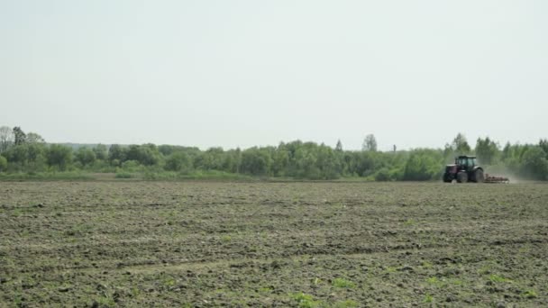 Un trattore con un coltivatore lavora il terreno per la semina — Video Stock