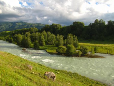 Doğal Çungar Alatau Milli Parkı nehirde dağ 