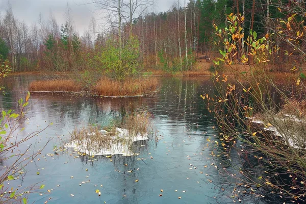 Paisaje naturaleza del norte finales de otoño. El primer hielo delgado en el lago — Foto de Stock