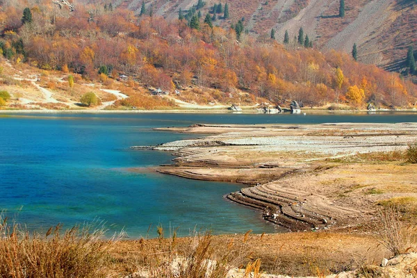 Ярко-голубое озеро, окруженное осенним лесом в горах — стоковое фото