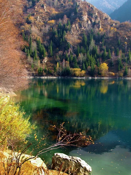 Lago de montaña turquesa en otoño rodeado de bosque amarillo — Foto de Stock