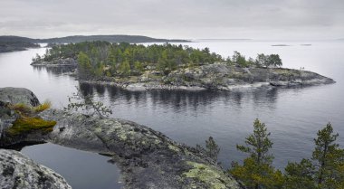 Rusya 'nın Karelia bölgesindeki Ladoga Gölü' nün ortasındaki ormanla kaplı Taş Ada, yukarıdan sonbahar manzarası