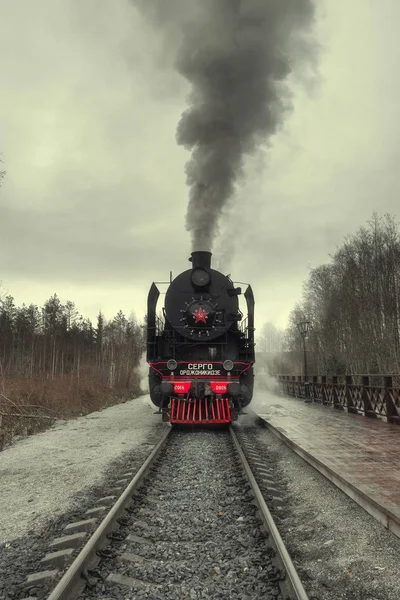 Oktober 2019 Rusland Karelia Ruskeala Een Historische Stoomtrein Het Station — Stockfoto