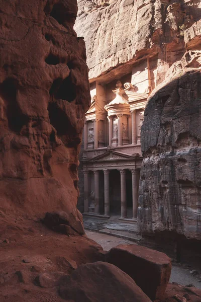 Morgon Utsikt Över Khazne Klippt Tempel Statskassan Antika Nabatean Staden — Stockfoto