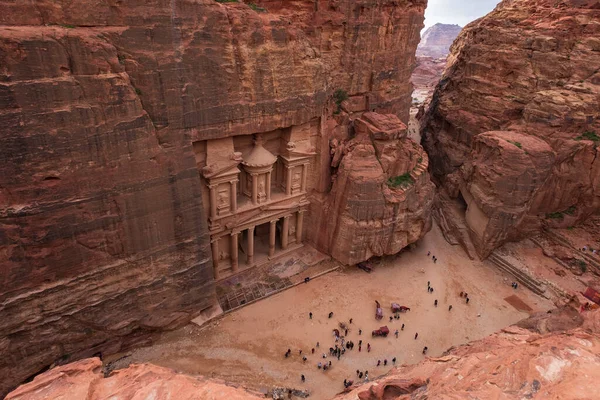 Vue Dessus Khazneh Temple Rocheux Trésor Ancienne Ville Nabatéenne Petra — Photo