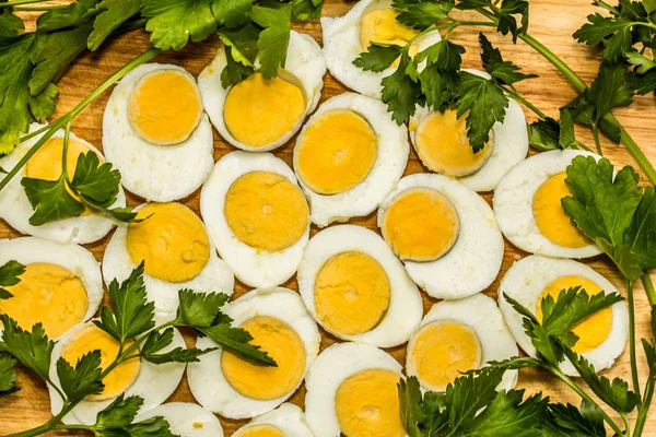 Boiled Eggs Cut Halves Decorated Fresh Parsley Leaves — Stock Photo, Image