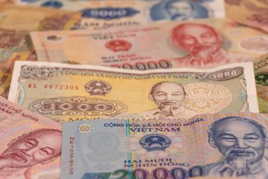 Vietnam dong Vand banknotlarından oluşan bir kompozisyon.