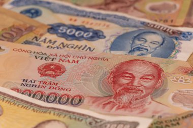 Vietnam dong Vand banknotlarından oluşan bir kompozisyon.