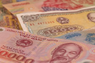 Vietnam dong Vand banknotlarından oluşan bir kompozisyon.