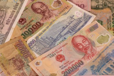 Vietnam dong Vand banknotlarından oluşan bir kompozisyon.