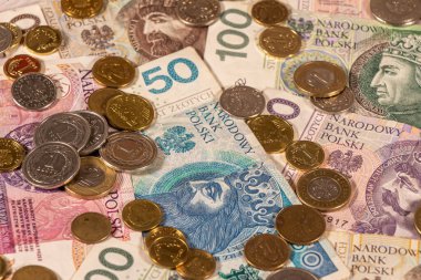 A composition of Polish Zloty. PLN banknotes and coins