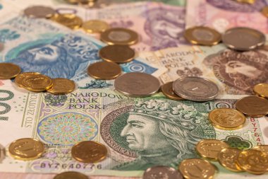 A composition of Polish Zloty. PLN banknotes and coins