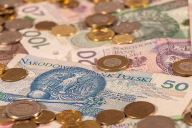 A composition of Polish Zloty. PLN banknotes and coins