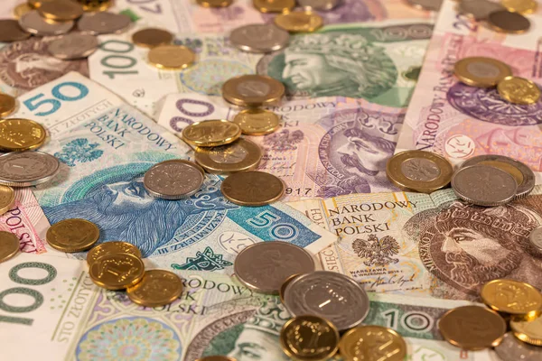 Una composición de Zloty polaco. Billetes y monedas PLN —  Fotos de Stock