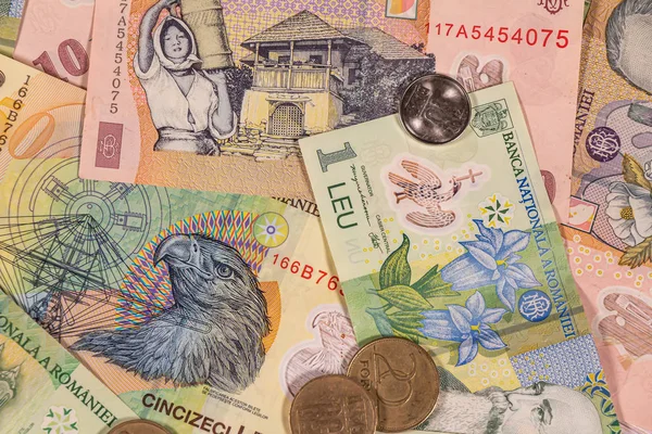 Billetes y monedas de leu rumano, RON. Rumanía, ROU — Foto de Stock