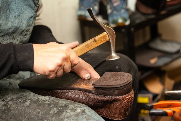 かかとを爪で靴を修理する男性靴職人の手のクローズアップ — ストック写真