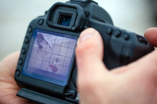 Grande Câmera Profissional Nas Mãos Fotógrafo Perto — Fotografia de Stock
